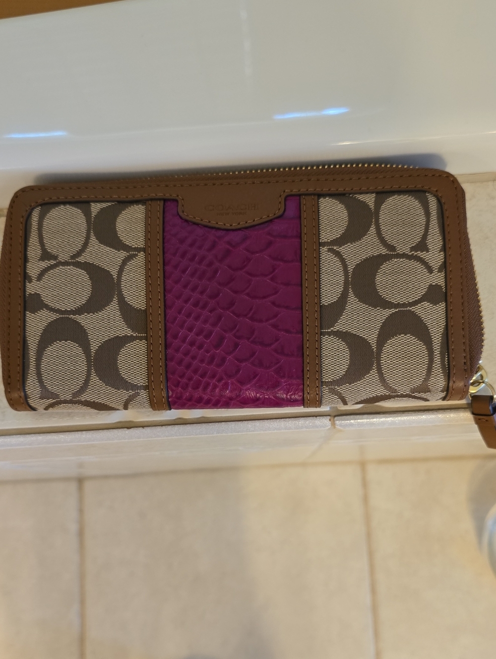 Coach Signature Canvas Zip Wallet with Fuchsia Center Panel